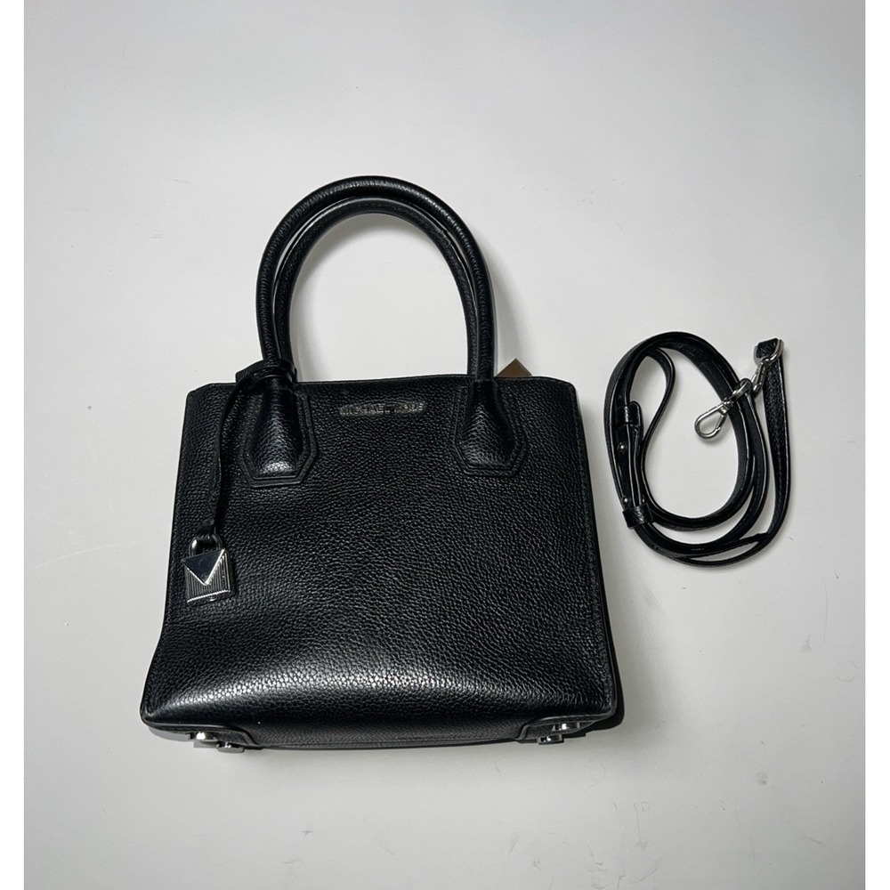Michael Kors Black Pebbled Leather Satchel Top Handle Detachable Strap Zip